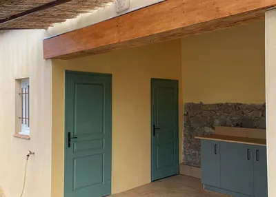 Deux portes extérieures peintes en vert sous une pergola, cuisine d'été aux meubles bleu-gris