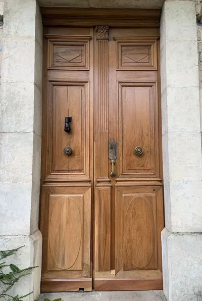 Porte d'entrée en bois massif sculpté, finition naturelle, encadrement en pierre