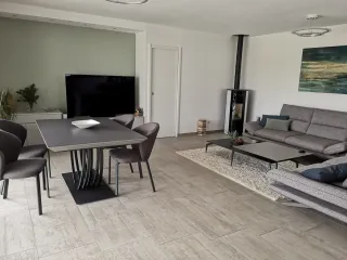 Open plan living room with sage green wall, white door and wood stove