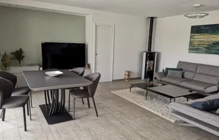 Séjour ouvert avec mur vert sage, porte blanche et poêle à bois